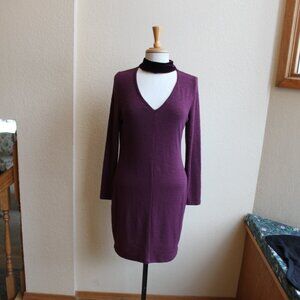 California Moonrise Plum Purple Choker V Neck Bodycone Long Sleeve Knit Dress M